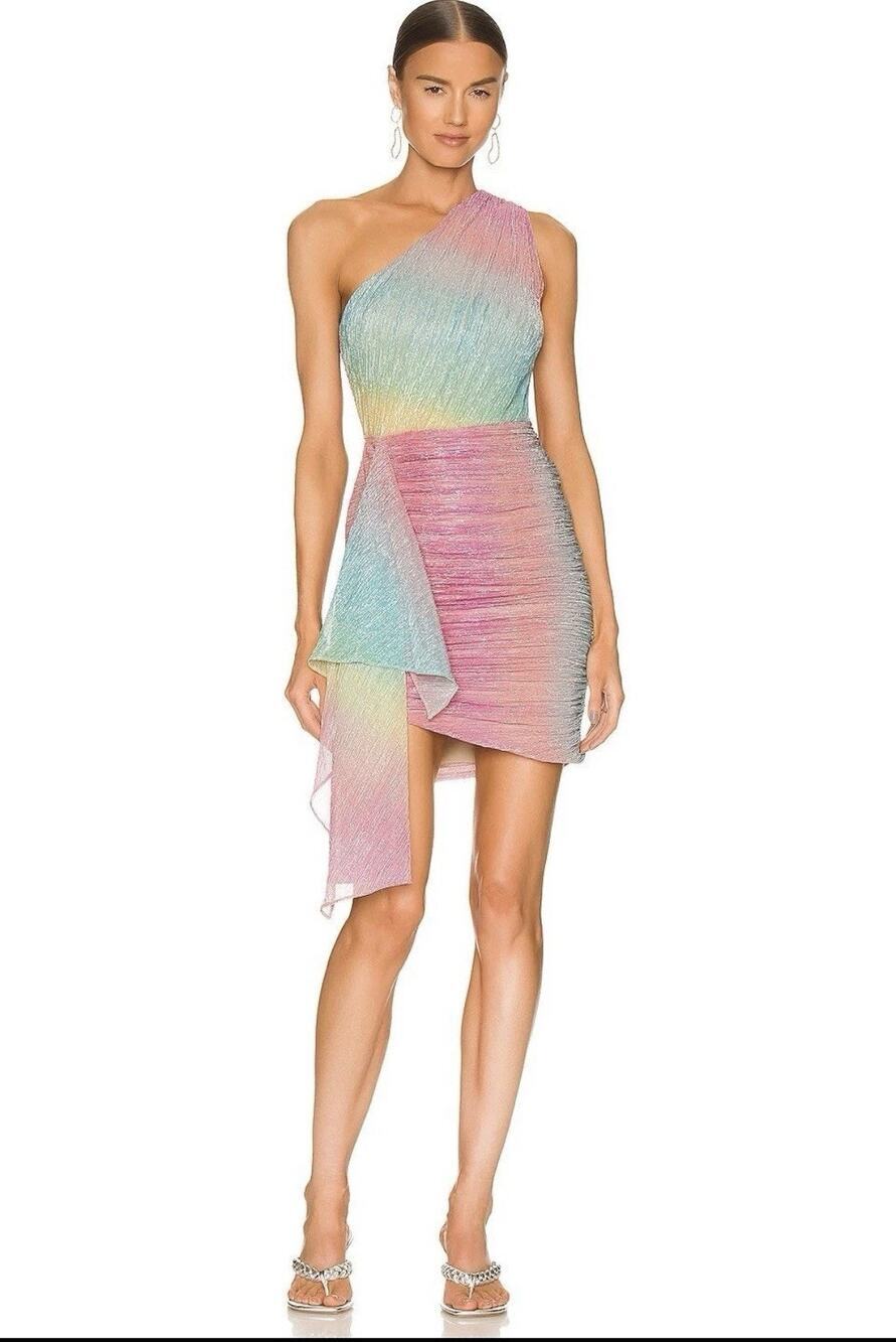 New PatBO Prism Lurex One Shoulder Mini Dress Rainbow 0 REVOLVE XS NWOT